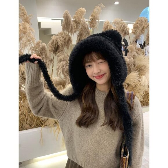 Women Black Winter Beanie Hats Knit Ear Flaps Cute Stuffed Bear Ears Fleece main image 5
